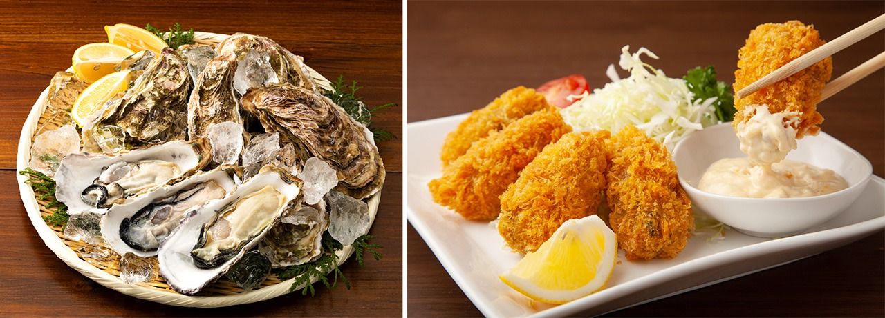 Raw oysters (left); kaki furai (crumbed oysters). (© Pixta)