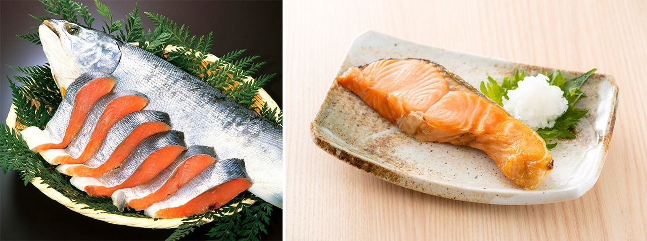 Slices of salted aramaki-sake salmon (left); grilled salmon. (© Pixta)
