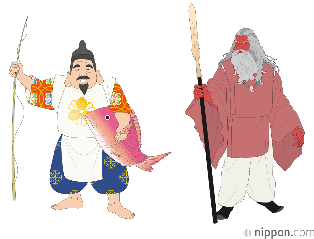 Ebisu with his fishing rod and sea bream, and Sarutahiko with his distinctive long nose. (© Satō Tadashi)