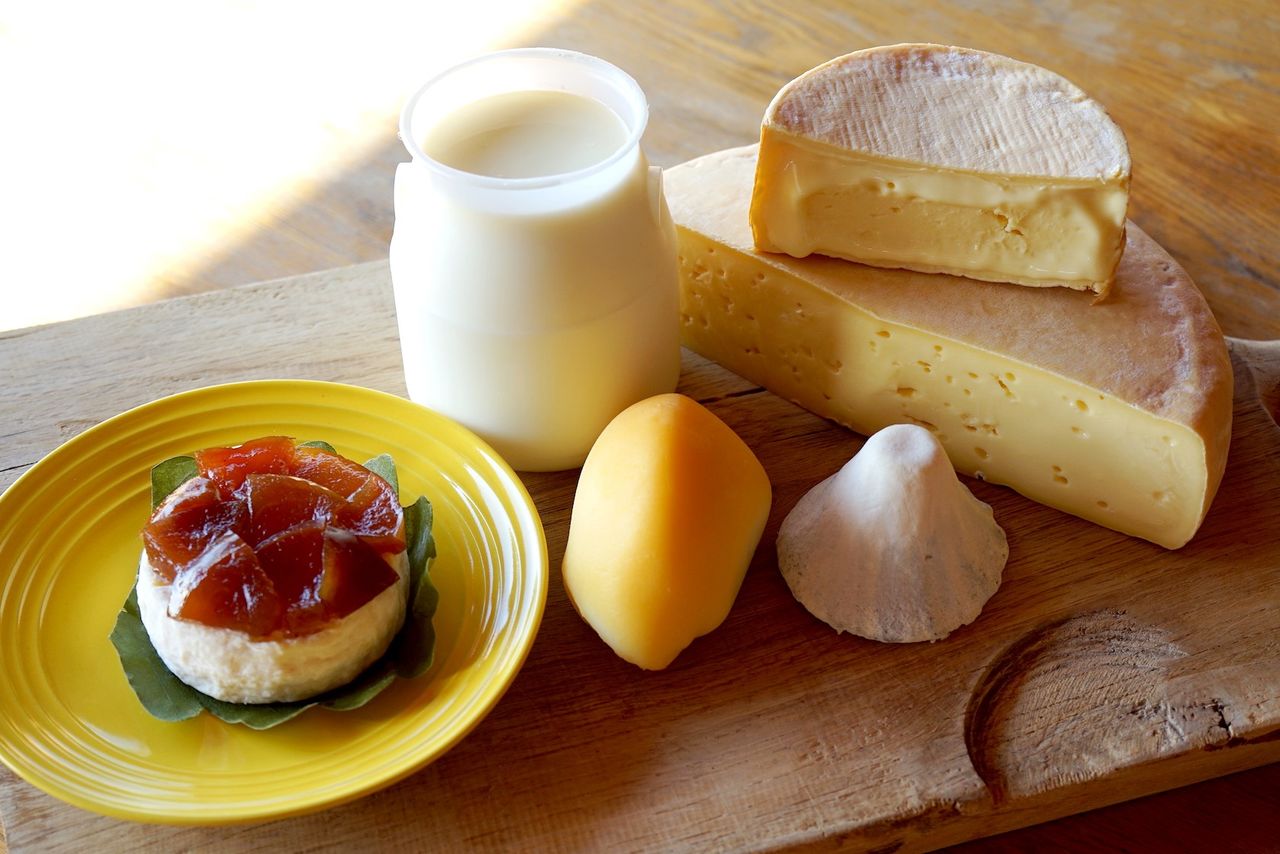 Clockwise from top right: At top is the WCA top prize winner Akashōbin; under that is Reblochon, another washed-rind cheese; goat milk Fujisan Sumi; a hung and smoked Scamorza; Mirasaka Tatin made with local akibae apples; and yogurt. All products are sold at Mirasaka Fromage. (© Ukita Yasuyuki)