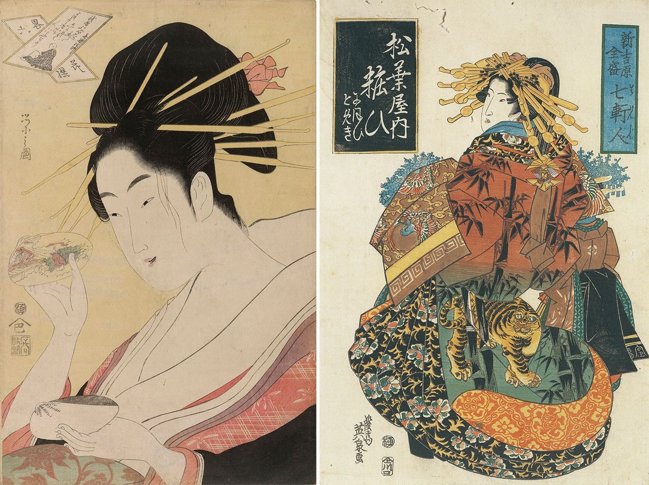 At left, Chōbunsai Eishi, Yatsushi rokkasen (A Casual Selection of Six Flowers) ca. 1796–98 (© The Trustees of the British Museum); at right, one of a series of pictures depicting the seven great oiran courtesans of the Yoshiwara pleasure quarters by Keisai Eisen, ca. 1818–30. (Courtesy Hagi Uragami Museum, Yamaguchi Prefecture)