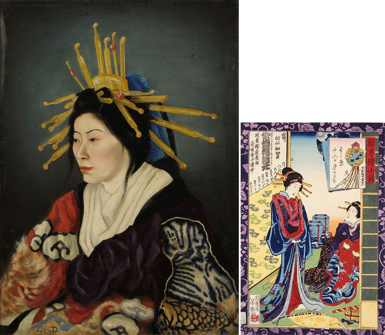 At left, Takahashi Yuichi, Oiran (Grand Courtesan), 1872, (Courtesy Tokyo University of the Arts); the ukiyo-e print on the right by Ochiai Yoshiiku is a depiction of the same woman, and dates from just three years earlier. (Courtesy Hagi Uragami Museum, Yamaguchi Prefecture)