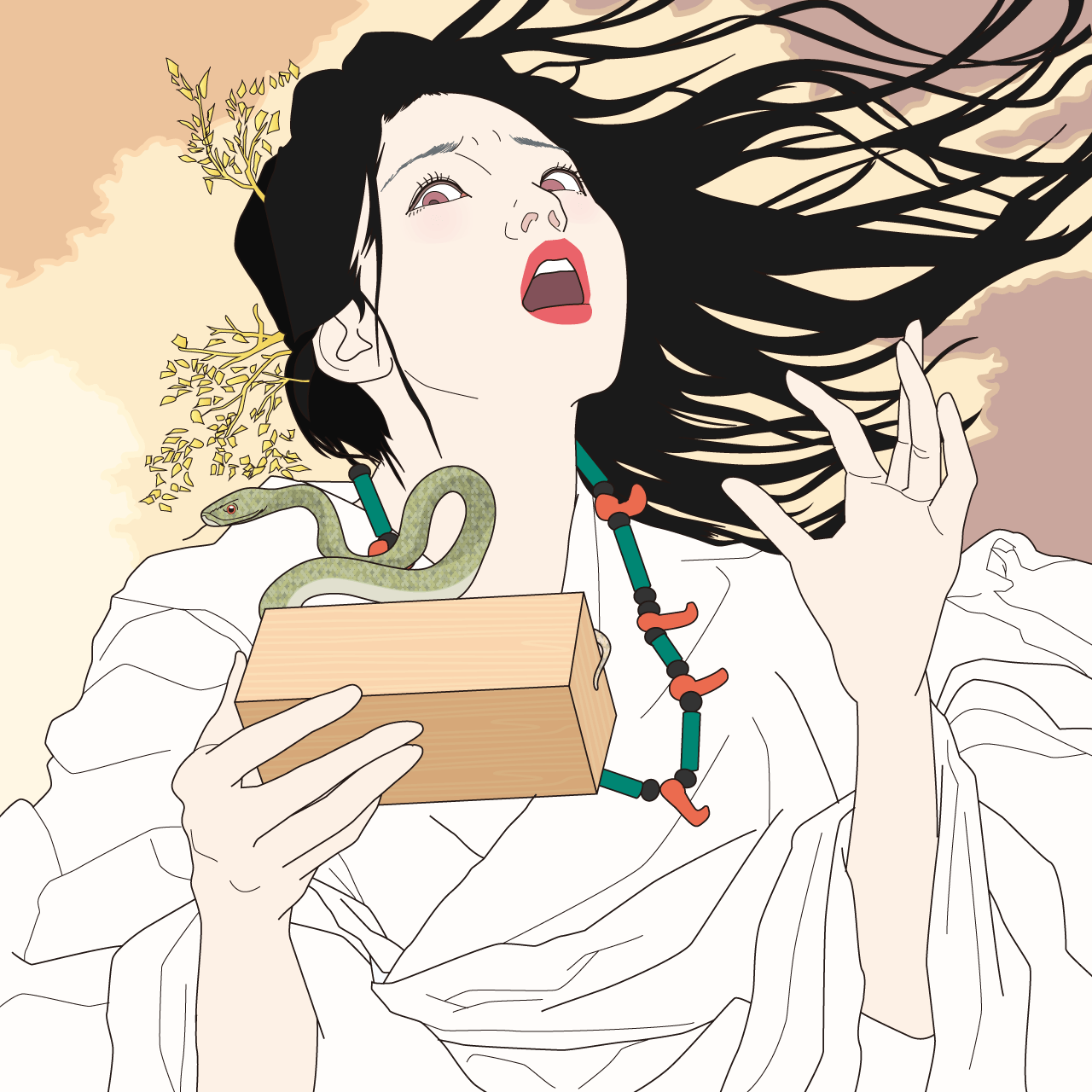 Yamato Totobi Momoso cries out in surprise at finding a snake in her comb box. (© Satō Tadashi)