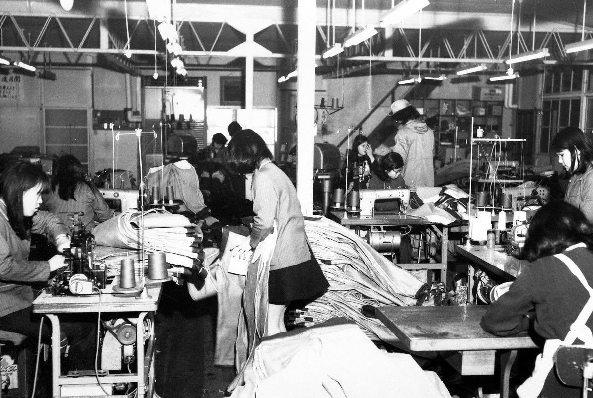The young women working in this 1970s jeans factory lived in company dormitories. (Courtesy Betty Smith Jeans Museum)