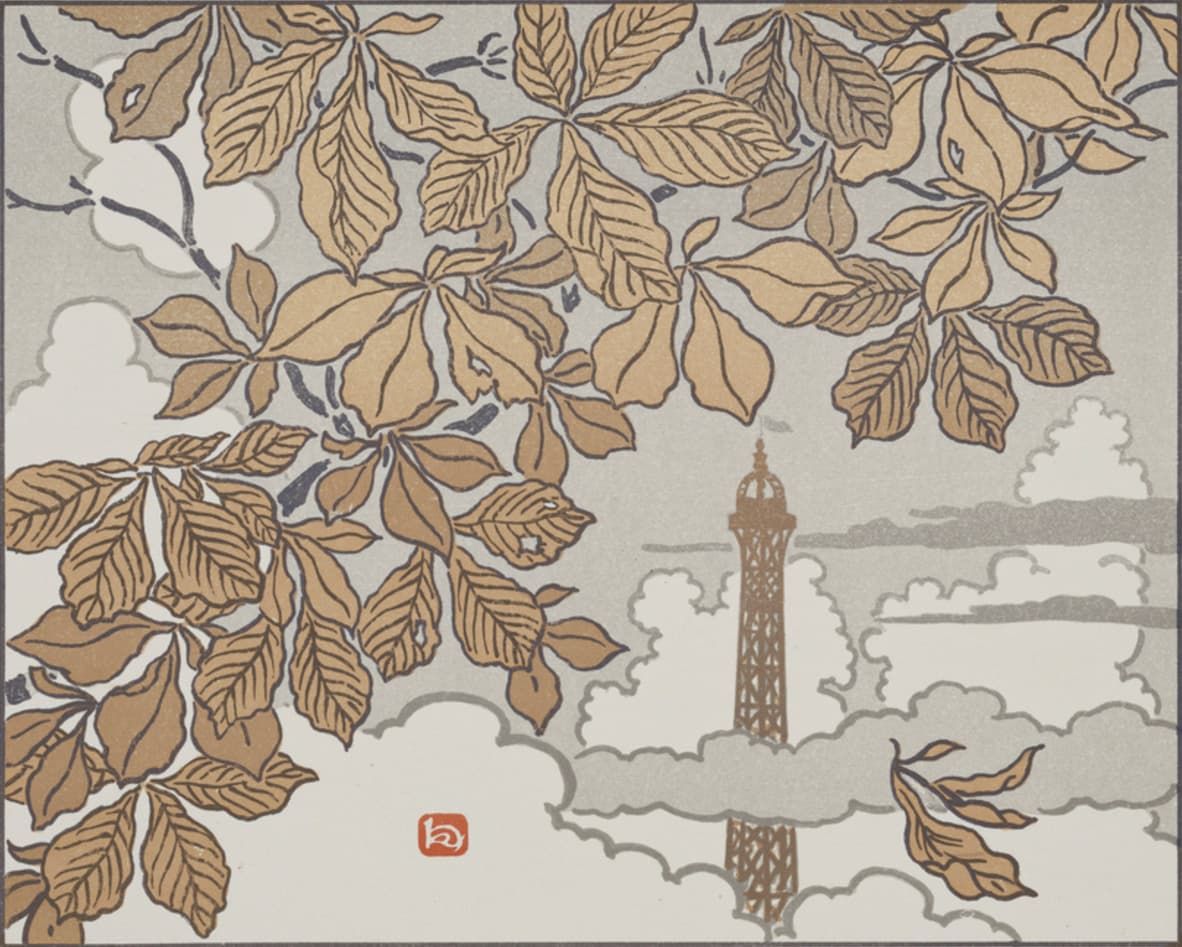 Les Trente-six vues de la Tour Eiffel (Thirty-Six Views of the Eiffel Tower) by Henri Rivière was inspired by Hokusai’s Mount Fuji landscapes. (Courtesy Yamaguchi Prefectural Art Museum/Uragami Memorial Hall)