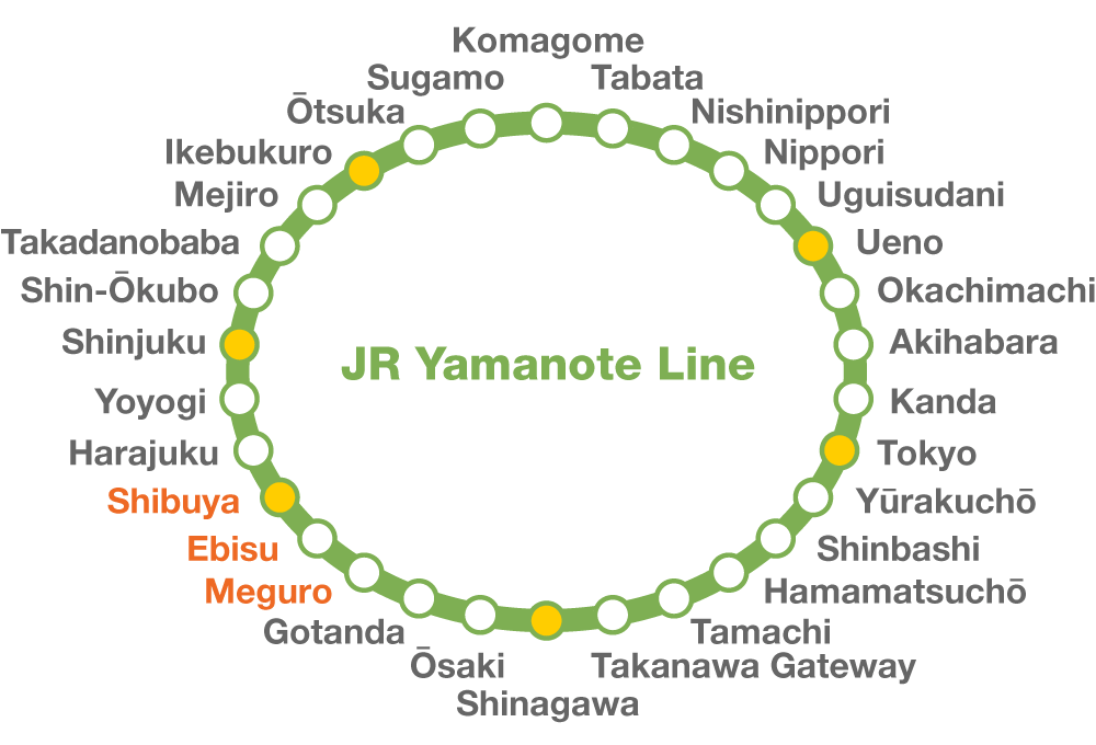 The stations on the Yamanote line stations loop. (© Pixta)