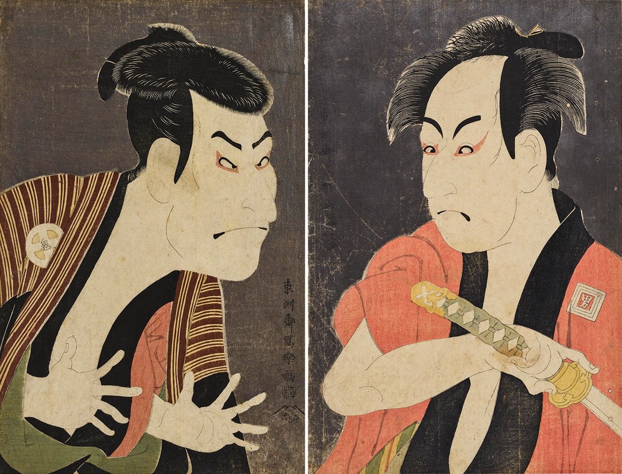 Sandaime Ōtani Oniji no Edobei (The Actor Ōtani Oniji III as Edobei) (left) and Shodai Ichikawa Omezō no yakko Ippei (The Actor Ichikawa Omezō as the yakko Ippei). Edobei attacks the servant Ippei to steal the money he is carrying. Oniji may have performed this pose before the play; other artists depict the same stance. (Courtesy Tokyo National Museum/Colbase)