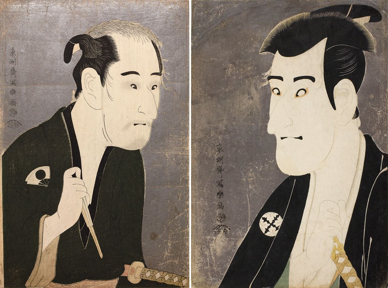 Shodai Onoe Matsusuke no Matsushita Mikinoshin (The Actor Onoe Matsusuke as Matsushita Mikinoshin) (Courtesy Tokyo National Museum/Colbase) (left) and Sandaime Ichikawa Komazō no Shiga Daishichi (The Actor Ichikawa Komazō as Shiga Daishichi) (Courtesy The Art Institute of Chicago). Mikinoshin has fallen in the world and suffers from poverty and illness, while Daishichi is the villain who kills him.
