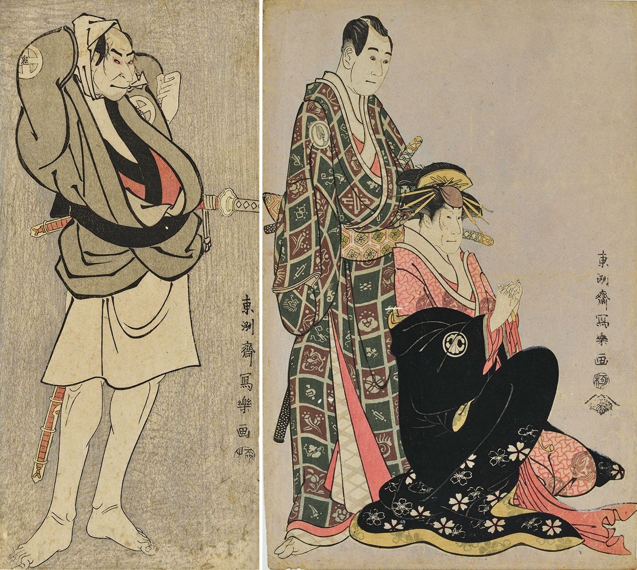 Sandaime Ōtani Oniji no Kawashima Jibugorō (The Actor Ōtani Oniji III as Kawashima Jibugorō) (left) and Sandaime Sawamura Sōjūrō no Nagoya Sanza Motoharu to sandaime Segawa Kikunojō no keisei Katsuragi (The Actors Sawamura Sōjūrō III and Nagoya Sanza Motoharu and Segawa Kikunojō III as the courtesan Katsuragi). (Courtesy Tokyo National Museum/Colbase)