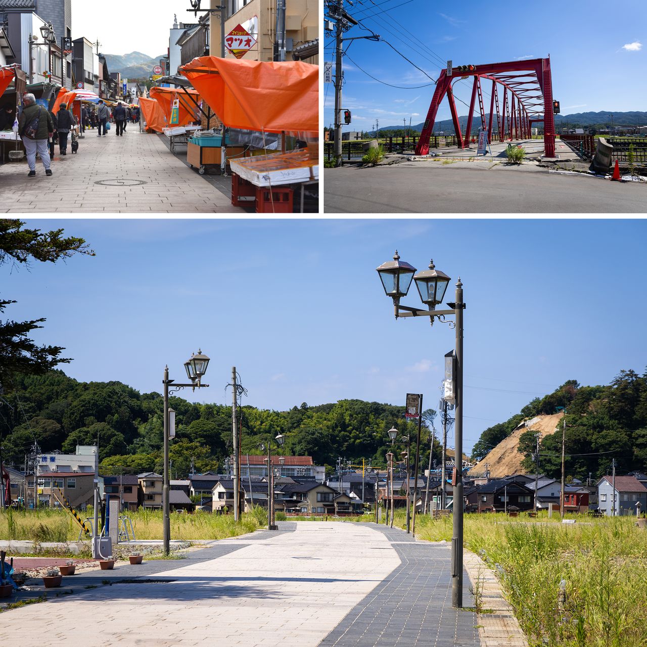 Clockwise from top left: The morning market when it was bustling with tourists (© Pixta). Iroha Bridge, which once served as the western gateway to the morning market, is now closed. The other side is overgrown with weeds (© Nippon.com). Shops selling seafood once lined both sides of the street beneath retro-style streetlights (© Nippon.com).