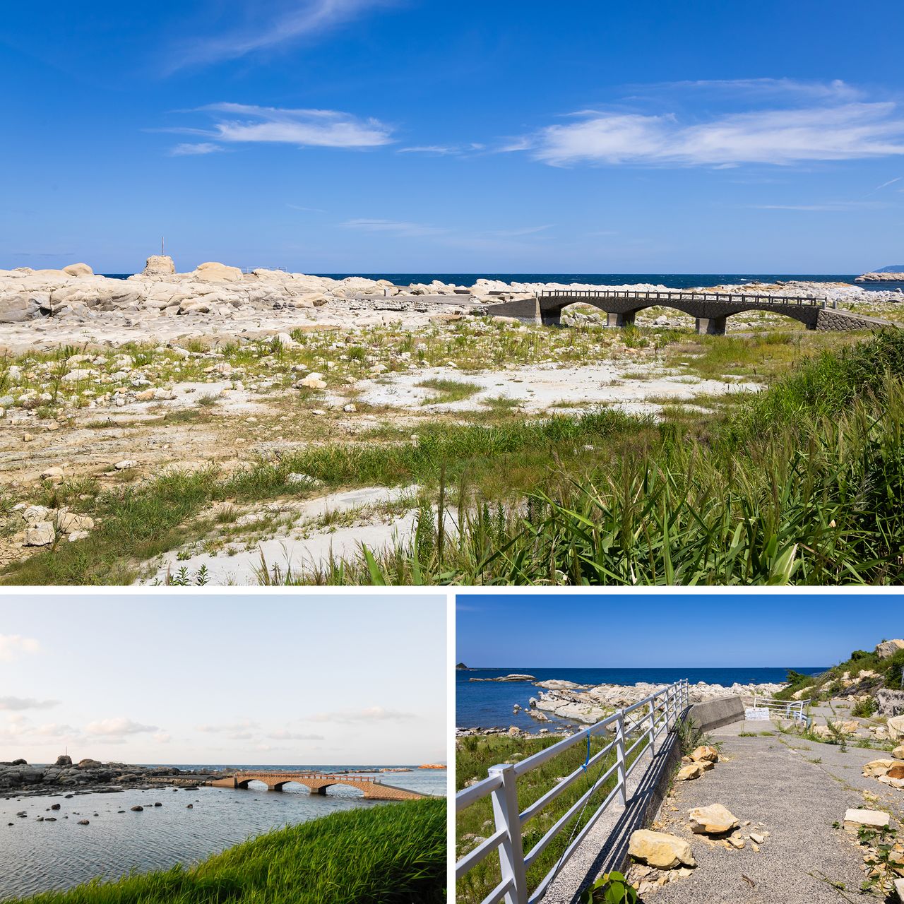 Clockwise from top: At Kamogaura, a scenic spot near the Port of Wajima, the view has changed with a ground uplift of more than 2 meters. Nearby are spots where ama divers harvest turban shells and seaweed (© Nippon.com). The walking path to Sodegahama Beach to the west had been cut off by a landslide (© Nippon.com). A photo from before the earthquake, when the area was under seawater (© Pixta).
