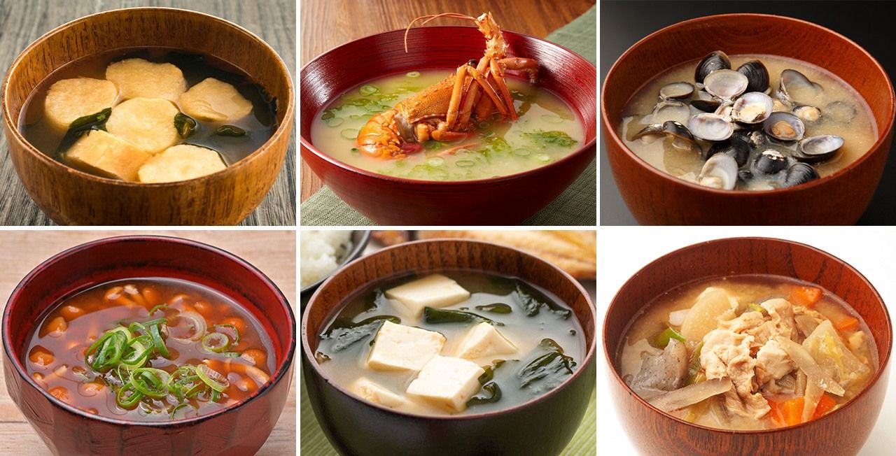 Just a selection of the combinations. (Top, left to right) Fu and wakame; ise-ebi lobster and aosa nori seaweed; shijimi clams. (Bottom, left to right) Nameko mushrooms and leek; tōfu and wakame; tonjiru pork and root vegetables. (© Pixta)