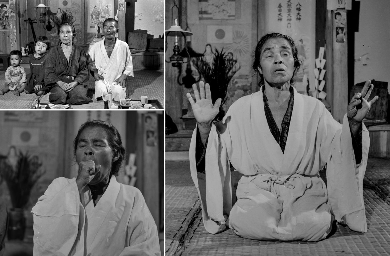 These photos taken on Okinoerabujima show a yuta performing a secret ceremony; her yawn (at lower left) indicates the moment of spirit possession. (© Haga Hideo)