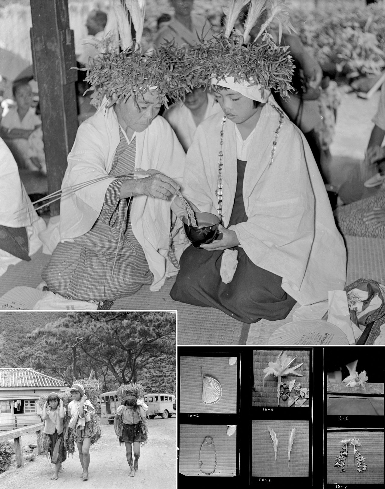Noro are shown praying for a bountiful harvest on Amami Ōshima. Haga’s photos also tracked the daily life of young noro and documented how ceremonies proceeded and the ritual implements they used. (© Haga Hideo)