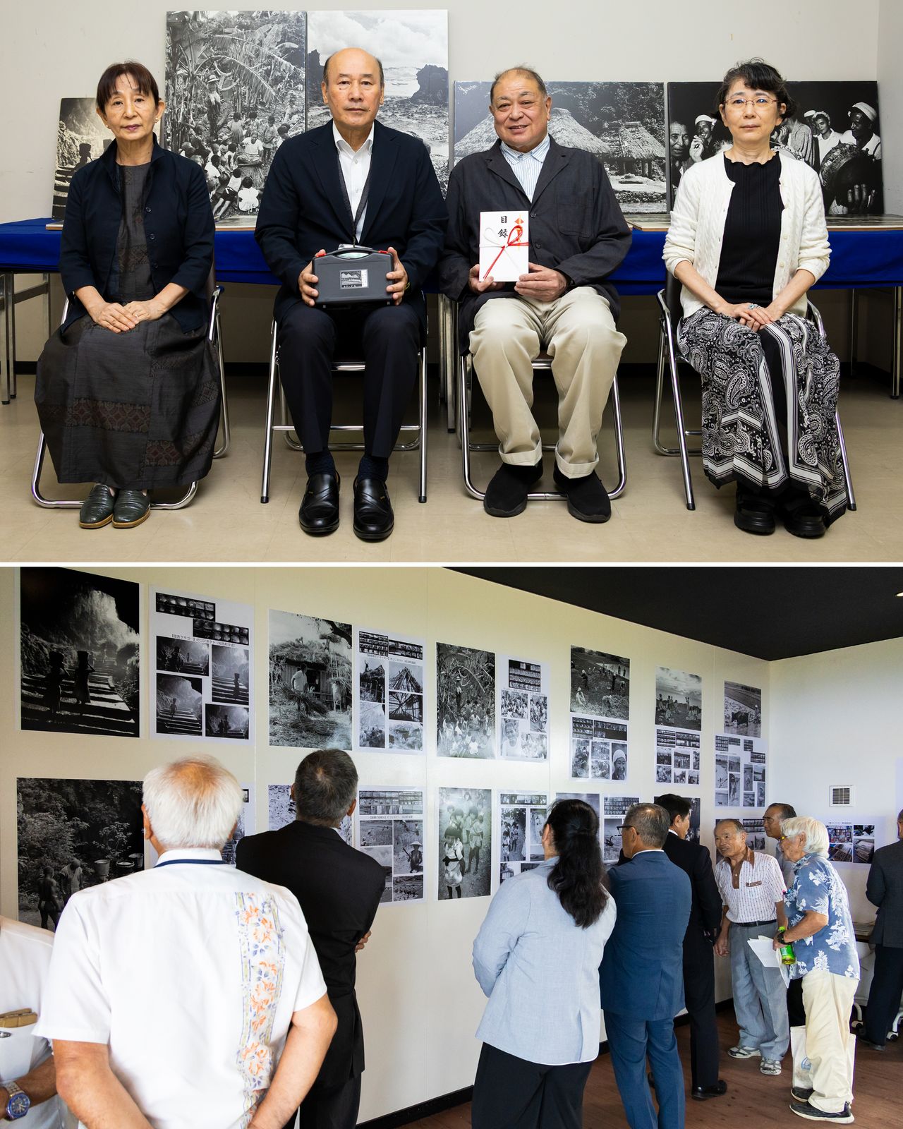 Top: Haga Hinata (second from right) presented the digitalized record of the Amami study to the city of Amami. Bottom: Local photos were also presented to the Okinoerabu towns of China and Wadomari. They were used for a photo exhibition and printed in the towns’ community newspapers. (© Nippon.com)