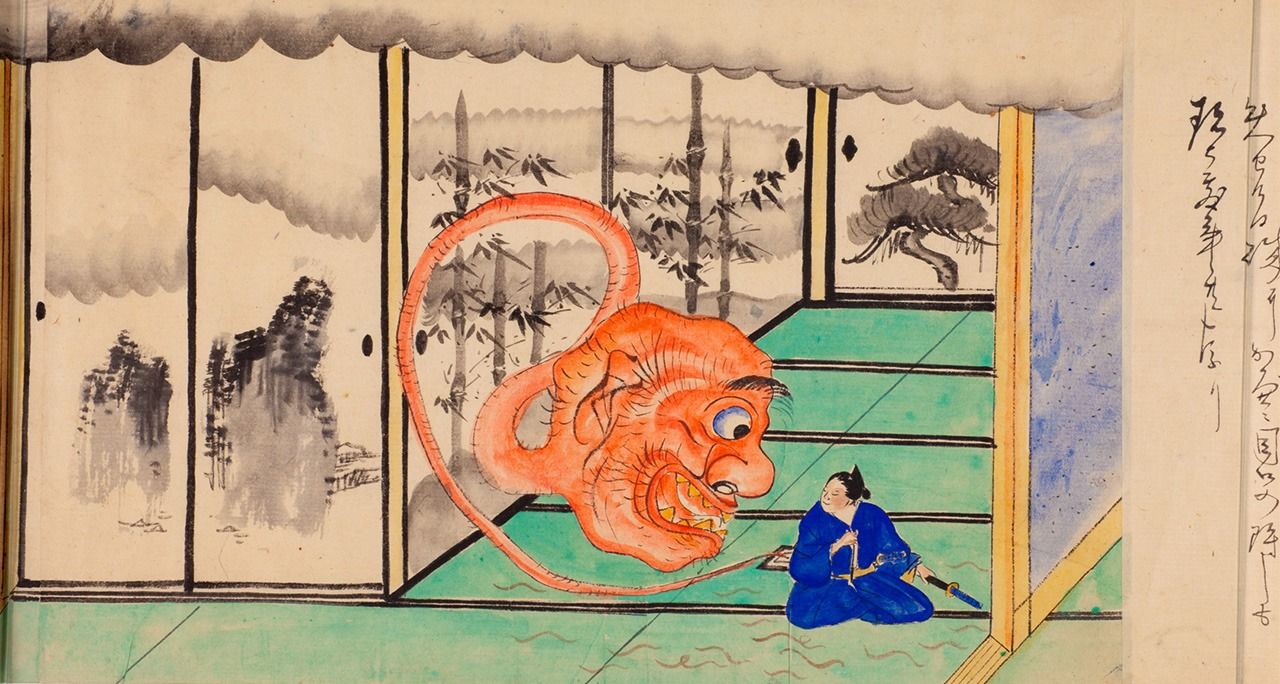 Detail from the Meiji era (1868–1912) Hyaku monogatari emaki (One Hundred Tales Picture Scroll). Modernizing Japan saw no end to works depicting the Inō Spirit Record. This example shows the creature that came on the thirtieth of the seventh month. It is a yōkai made of ash that appeared from the building’s hearth. Many worms are also crawling through the room. (Courtesy Miyoshi Mononoke Museum)