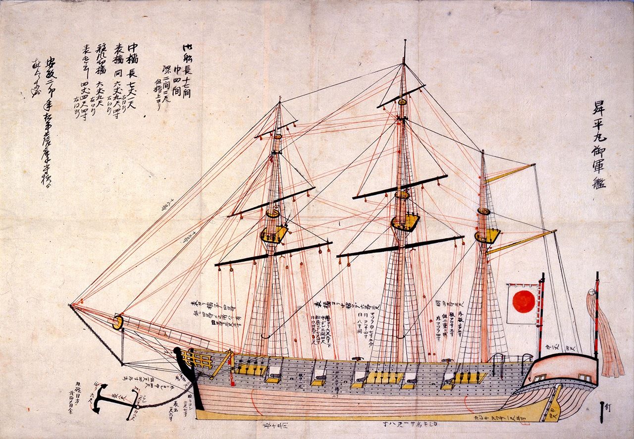 The Shōheimaru, a warship presented to the shogunate by the Satsuma domain, is believed to have been the first vessel to bear the hinomaru as an ensign. (Courtesy the Fukui Prefectural Archives)