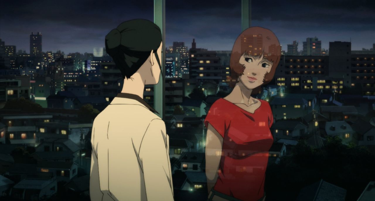 Chiba Atsuko with her divided self Paprika reflected in the glass. (© 2006 Madhouse/Sony Pictures Entertainment Japan, Inc.)