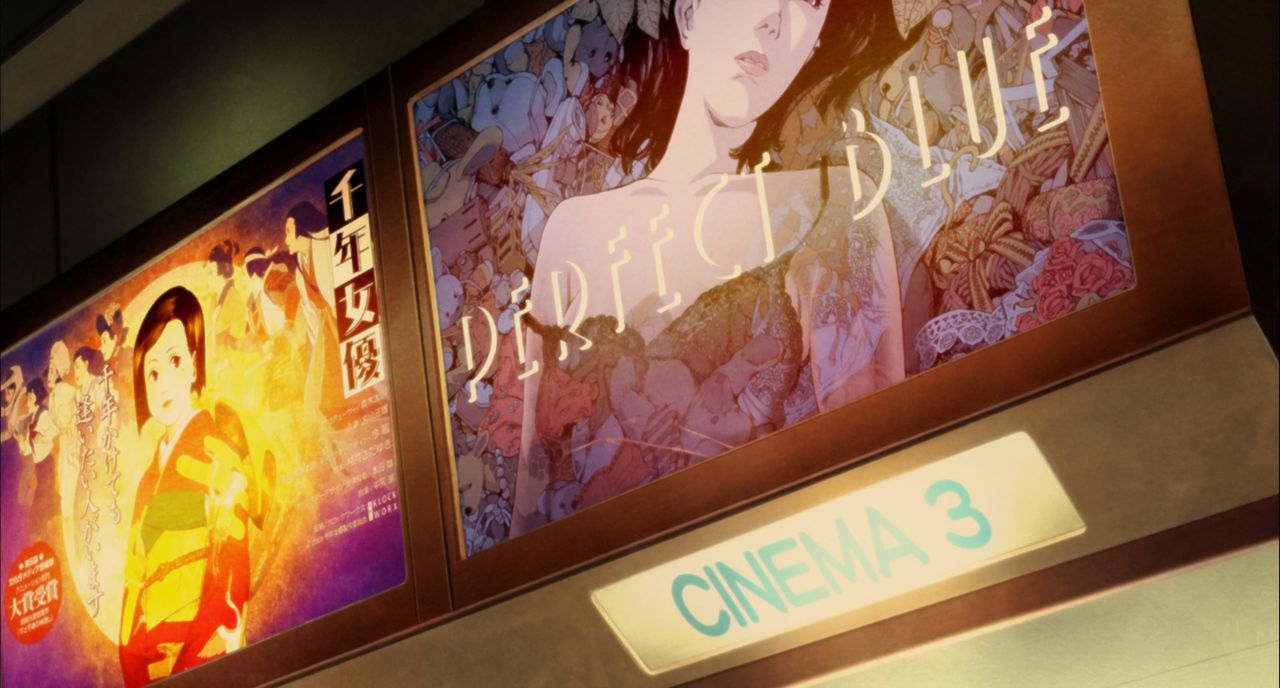 During a scene in Paprika when Konakawa goes to the movie theater, posters for Kon’s other films are on display. This shot shows Millennium Actress and Perfect Blue. (© 2006 Madhouse/Sony Pictures Entertainment Japan, Inc.)