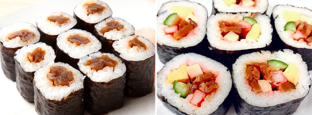 Hosomaki sushi rolls on the left (© Pixta), futomaki on the right. (© PhotoAC)