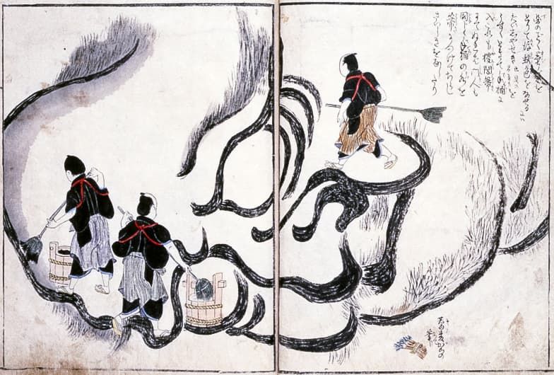 Adding details to Daruma’s face. From Enkōan’s Hokusai taiga sokusho saizu (Illustrated Report of Hokusai’s Live Large-Scale Painting). (Courtesy Nagoya City Museum)