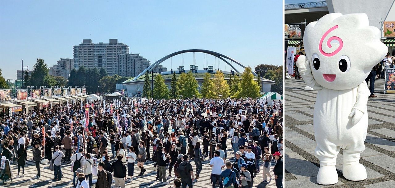 The ramen festival, at left, and the official mascot Naruto-chan. (© Tokyo Ramen Festa Executive Committee)