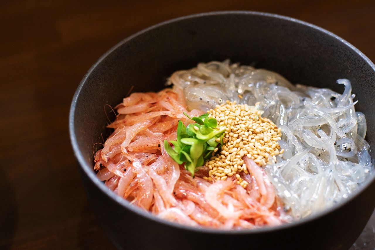 A rice bowl dish topped with freshly-caught sakuraebi and shirasu. (© Pixta)