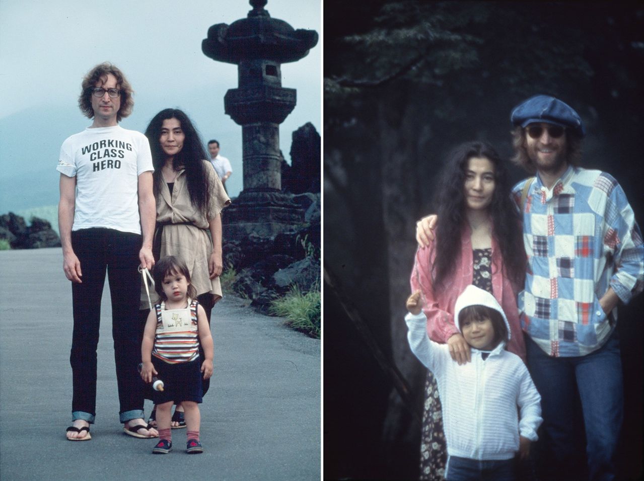 John Lennon, Ono Yōko, and Sean Ono Lennon on holiday in Japan in the summer of 1977 (left) (photo by Nishi F. Saimaru; © Yoko Ono) and the family in Karuizawa, Nagano Prefecture, in 1979 (photo by Nishi F. Saimaru; © Nishi F. Saimaru & © Yoko Ono). (Courtesy the Double Fantasy: John & Yoko exhibition in Tokyo)