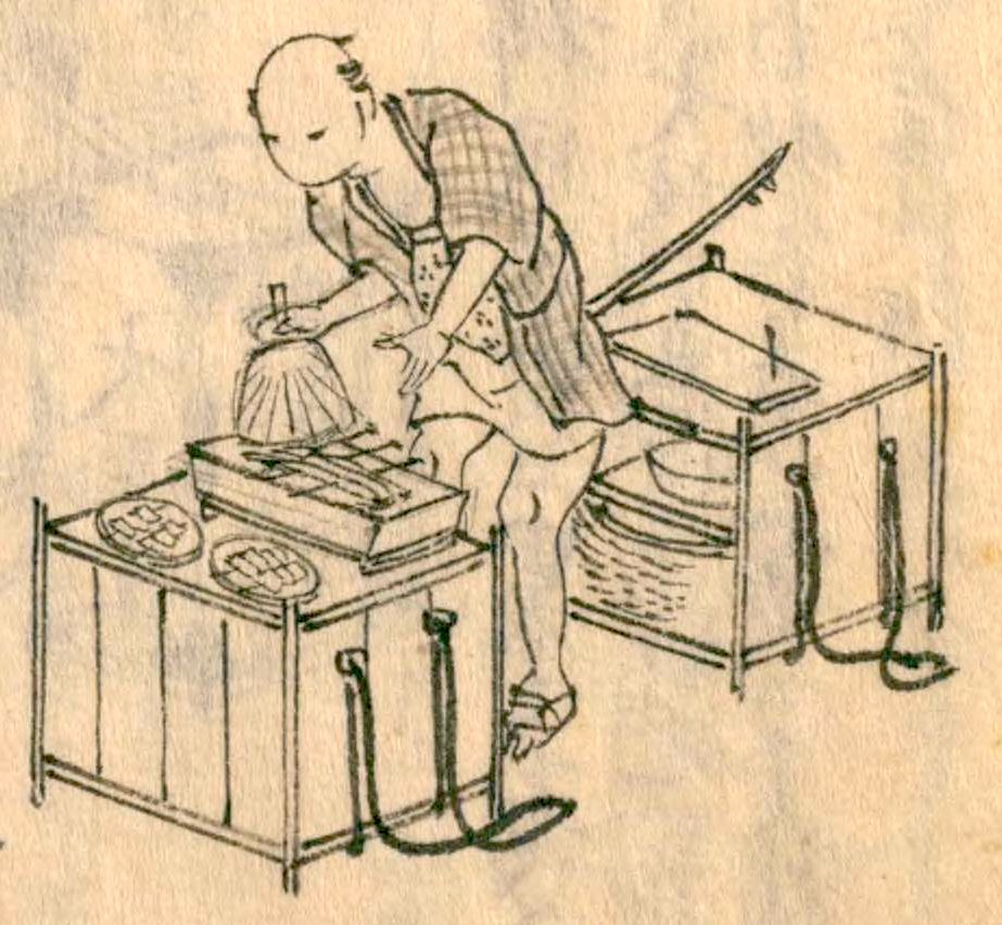 Tempting aromas must have attracted other passers-by to make purchases. From Morisada mankō (Morisada’s Sketches). (Courtesy the National Diet Library)