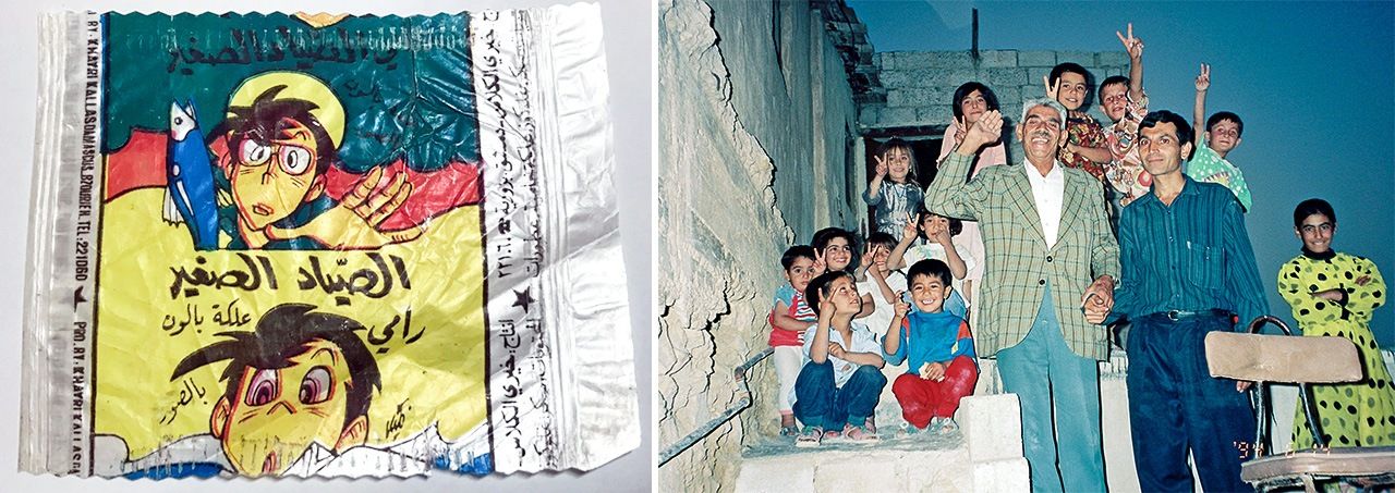 Left, a bubblegum wrapper from Syria showing the main character from the Japanese manga Fisherman Sanpei. Right, Kajipon at the home of some villagers outside Damascus.