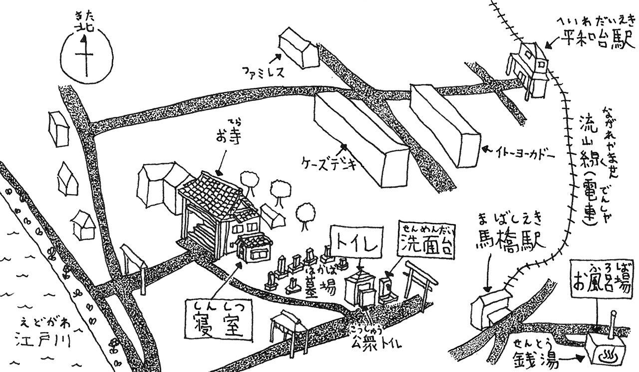 A “floor plan” drawn by Murakami. His house, labeled 寝室 (bedroom), sits beside a temple on the banks of the Edogawa in Chiba; nearby stores, restaurants, stations, and a bathhouse and public toilet are also marked.