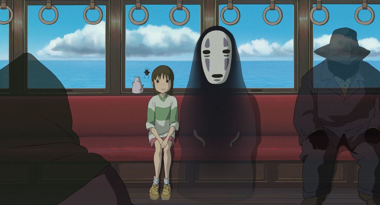 Chihiro sits next to the mysterious character No-Face. (© 2001 Studio Ghibli/NDDTM)