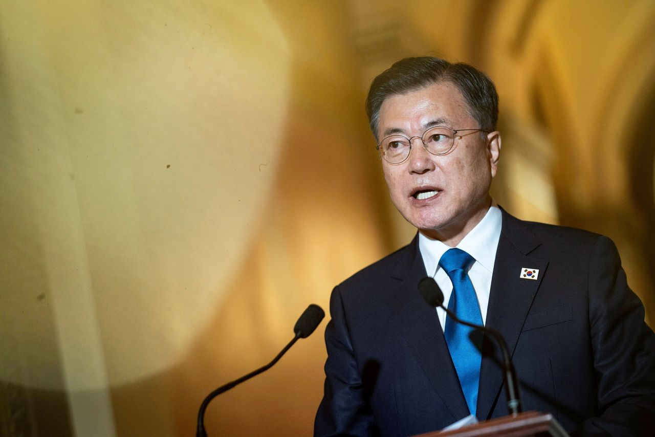 FILE PHOTO: South Korean President Moon Jae-in speaks during a meeting with U.S. House Speaker Nancy Pelosi at the U.S. Capitol in Washington, U.S., May 20, 2021. Jabin Botsford/Pool via REUTERS/File Photo