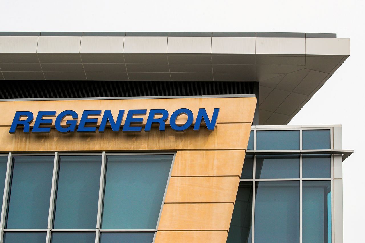 FILE PHOTO: The Regeneron Pharmaceuticals company logo is seen on a building at the company