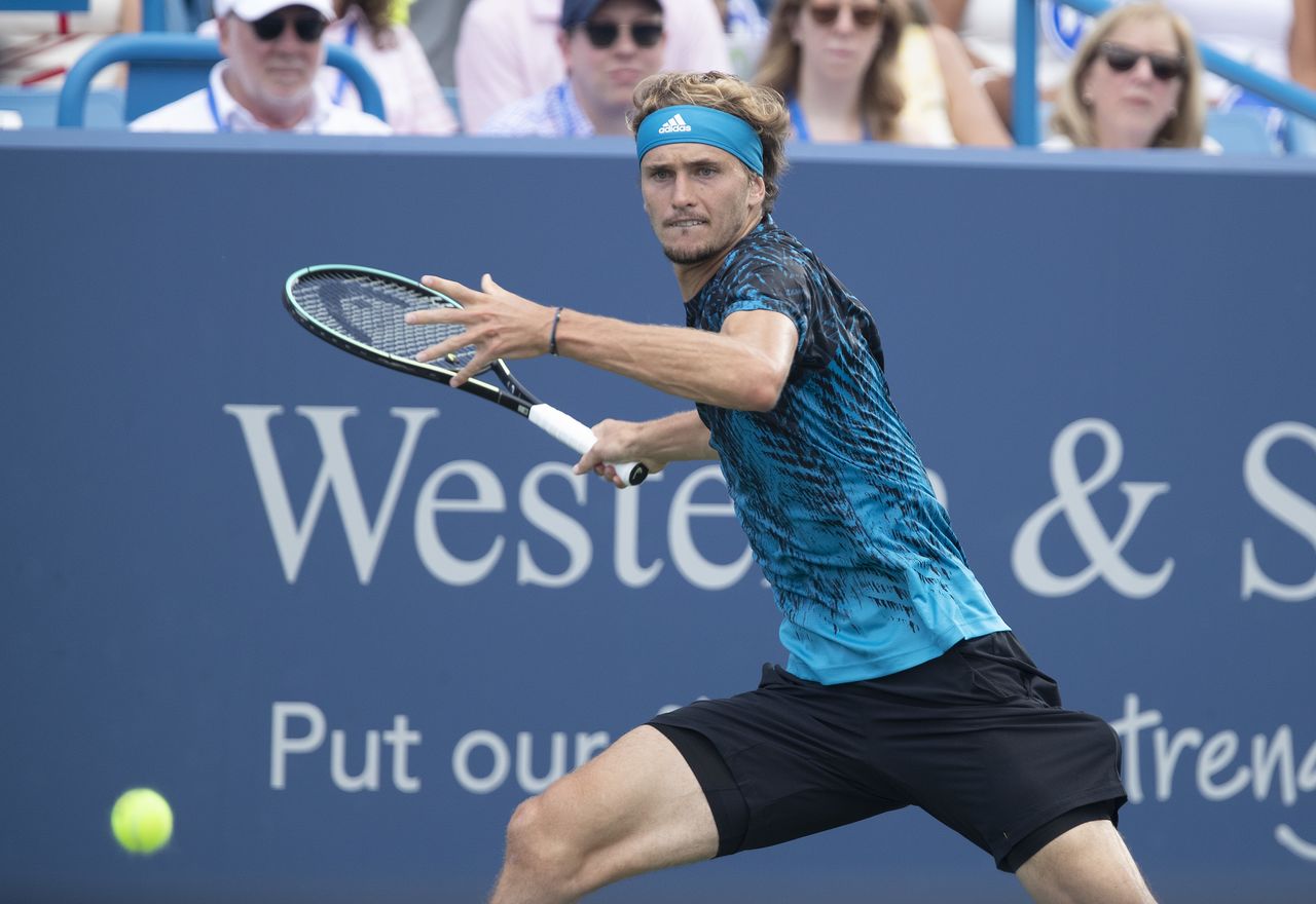 Aug 22, 2021; Mason, OH, USA; Alexander Zverev (GER) returns a shot during his match against Andrey Rublev (RUS not pictured) in the final during the Western and Southern Open final at the Lindner Family Tennis Center. Mandatory Credit: Susan Mullane-USA TODAY Sports