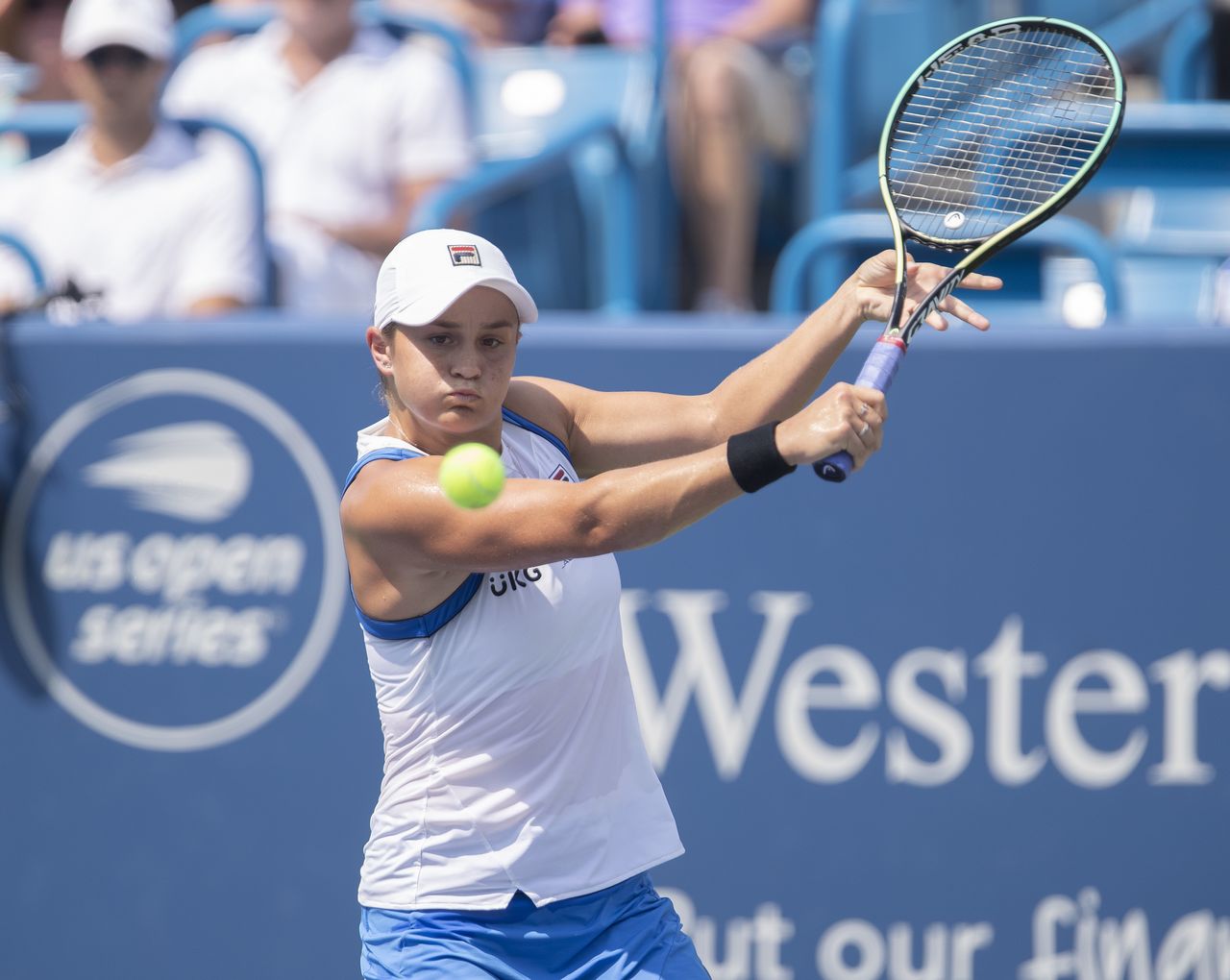 Aug 22, 2021; Mason, OH, USA; Ashleigh Barty (AUS) returns a shot during her match against Jil Teichmann (SUI not pictured) during the Western and Southern Open final at the Lindner Family Tennis Center. Mandatory Credit: Susan Mullane-USA TODAY Sports