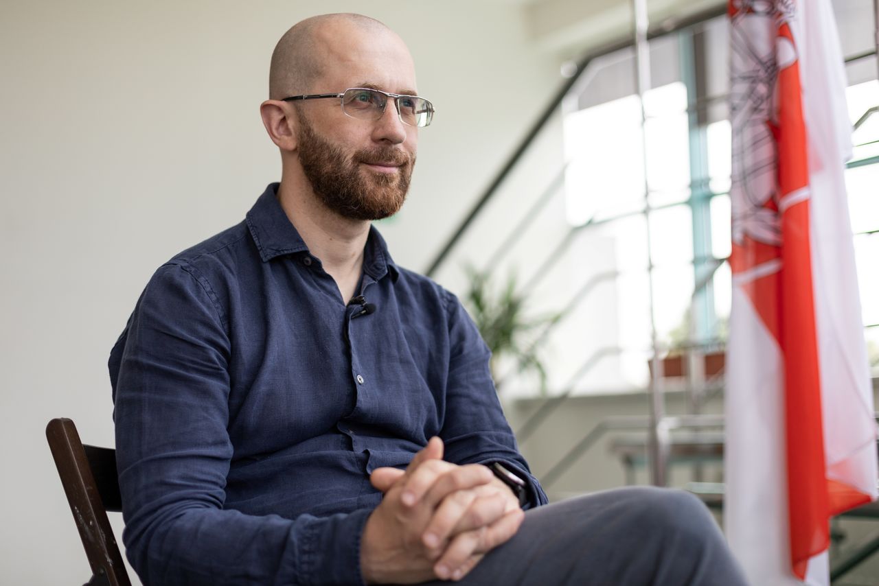 Belarusian lawyer Mikhail Kirilyuk sits during an interview with Reuters in Warsaw, Poland June 15, 2021. REUTERS/Kuba Stezycki