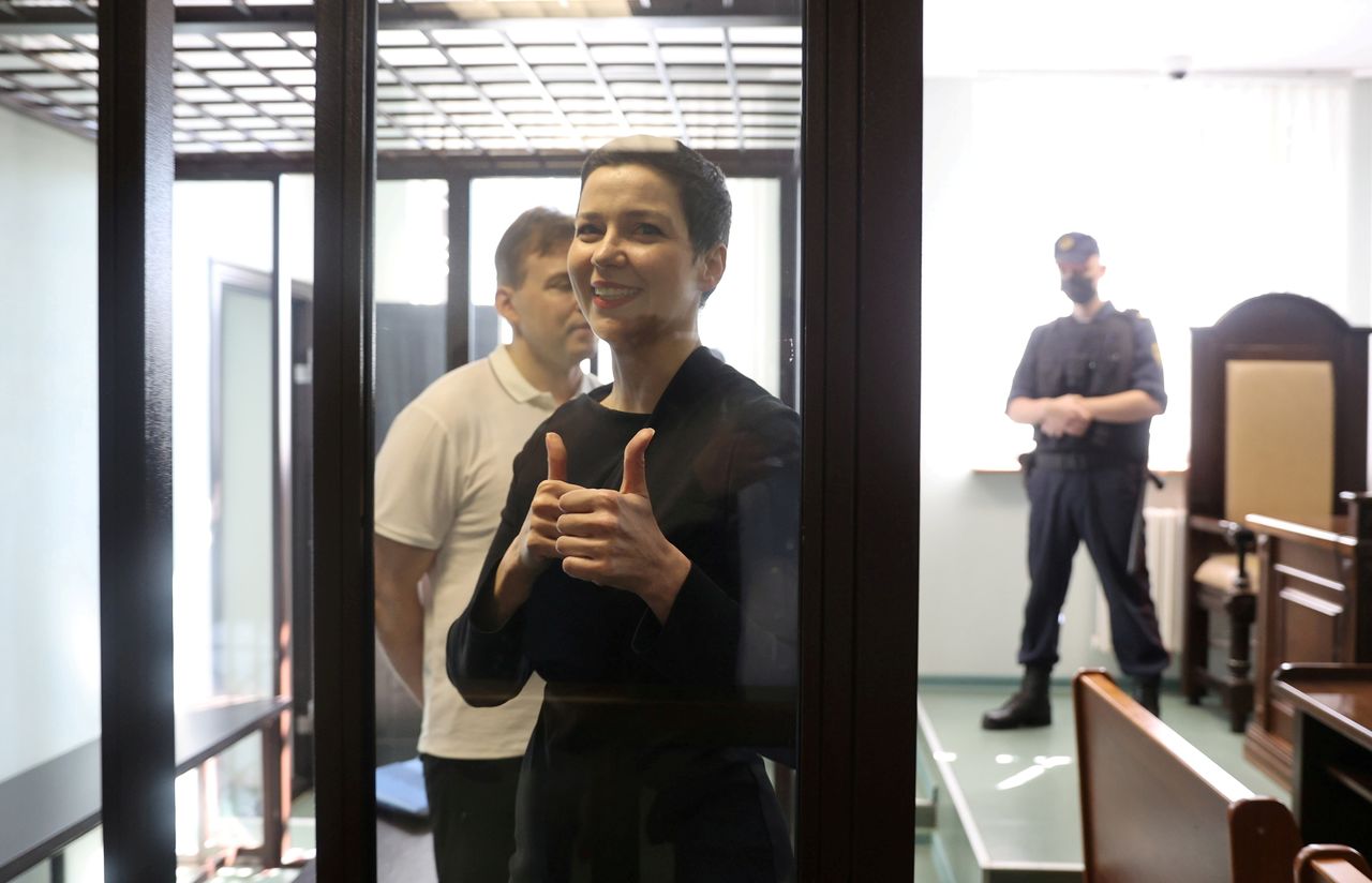 FILE PHOTO: Belarusian opposition politicians Maria Kolesnikova and Maxim Znak, charged of plotting to seize power and threatening national security, attend a court hearing in Minsk, Belarus August 4, 2021. Ramil Nasibulin/BelTA/Handout via REUTERS