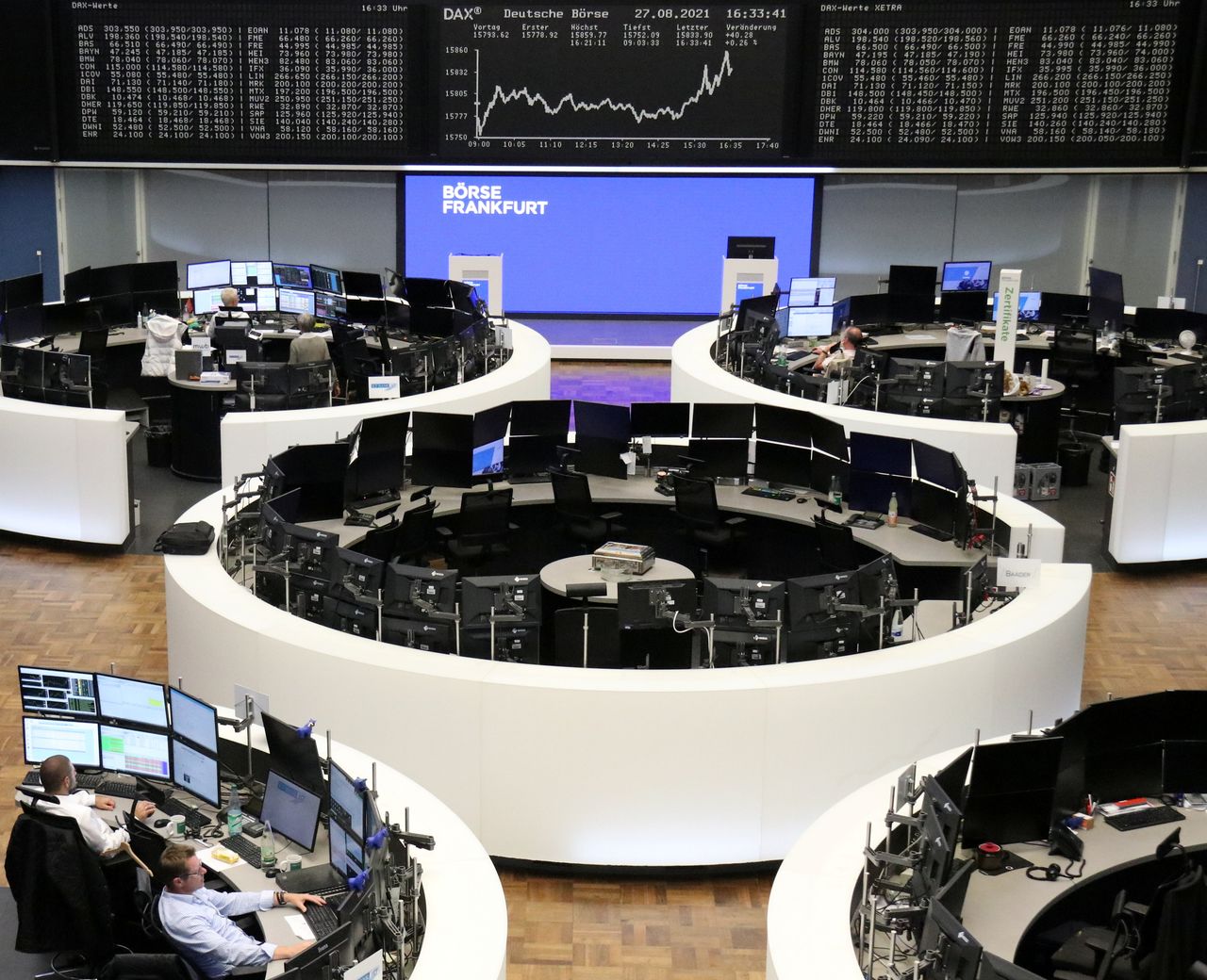 FILE PHOTO: The German share price index DAX graph is pictured at the stock exchange in Frankfurt, Germany August 27, 2021. REUTERS/Staff