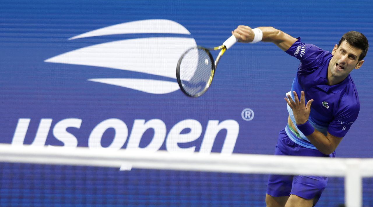 Aug 31, 2021; Flushing, NY, USA; Novak Djokovic of Serbia serves against Holger Vitus Nodskov Rune of Denmark (not pictured) on day two of the 2021 U.S. Open tennis tournament at USTA Billie King National Tennis Center. Mandatory Credit: Geoff Burke-USA TODAY Sports