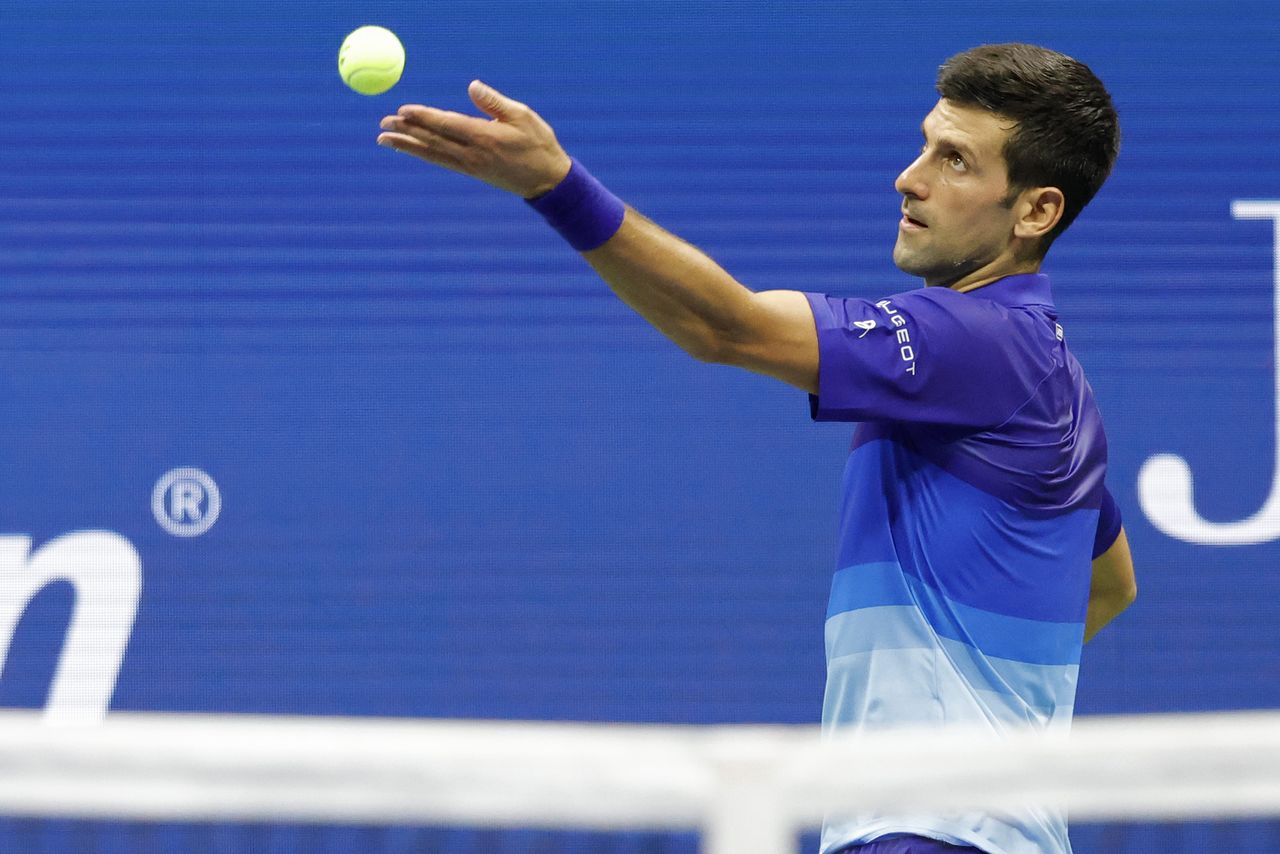 Aug 31, 2021; Flushing, NY, USA; Novak Djokovic of Serbia serves against Holger Vitus Nodskov Rune of Denmark (not pictured) on day two of the 2021 U.S. Open tennis tournament at USTA Billie King National Tennis Center. Mandatory Credit: Geoff Burke-USA TODAY Sports