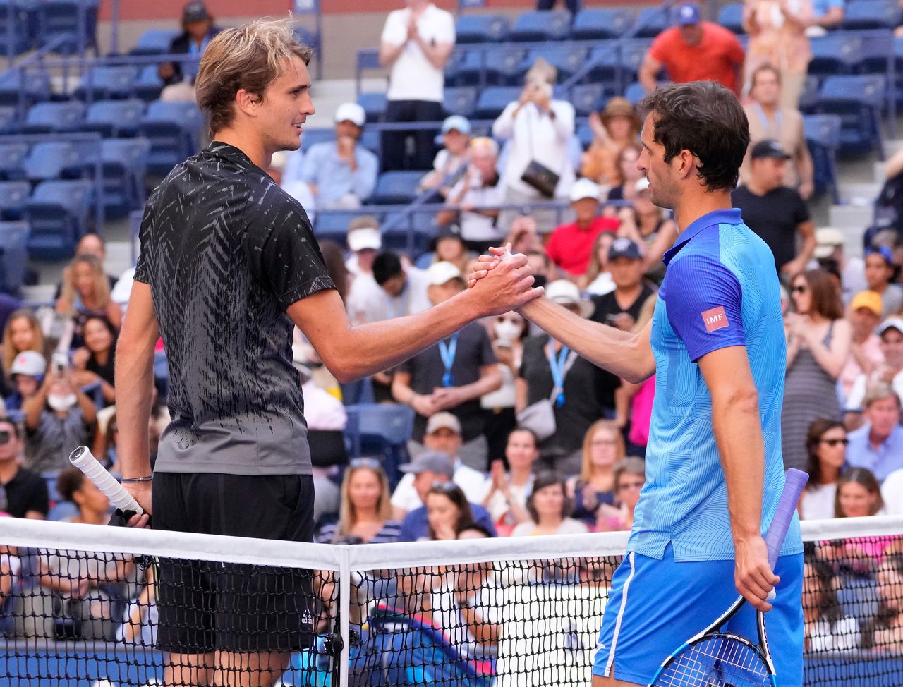 Sep 2, 2021; Flushing, NY, USA; Alexander Zverev of Germany (left) after beating Albert Ramos-Vinolas of Spain on day four of the 2021 U.S. Open tennis tournament at USTA Billie King National Tennis Center. Mandatory Credit: Robert Deutsch-USA TODAY Sports