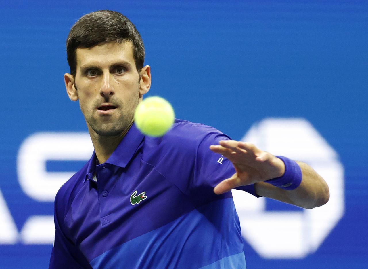 Sep 2, 2021; Flushing, NY, USA; Novak Djokovic of Serbia hits a shot against Tallon Griekspoor of the Netherlands in a second round match on day four of the 2021 U.S. Open tennis tournament at USTA Billie Jean King National Tennis Center. Mandatory Credit: Jerry Lai-USA TODAY Sports