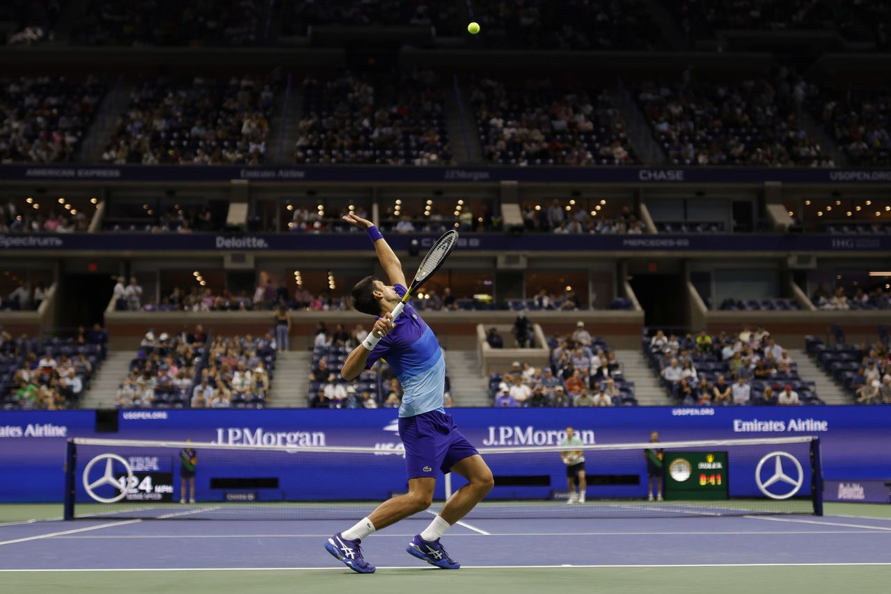 Sep 2, 2021; Flushing, NY, USA; Novak Djokovic of Serbia serves against Tallon Griekspoor of the Netherlands (not pictured) on day four of the 2021 U.S. Open tennis tournament at USTA Billie Jean King National Tennis Center. Mandatory Credit: Geoff Burke-USA TODAY Sports