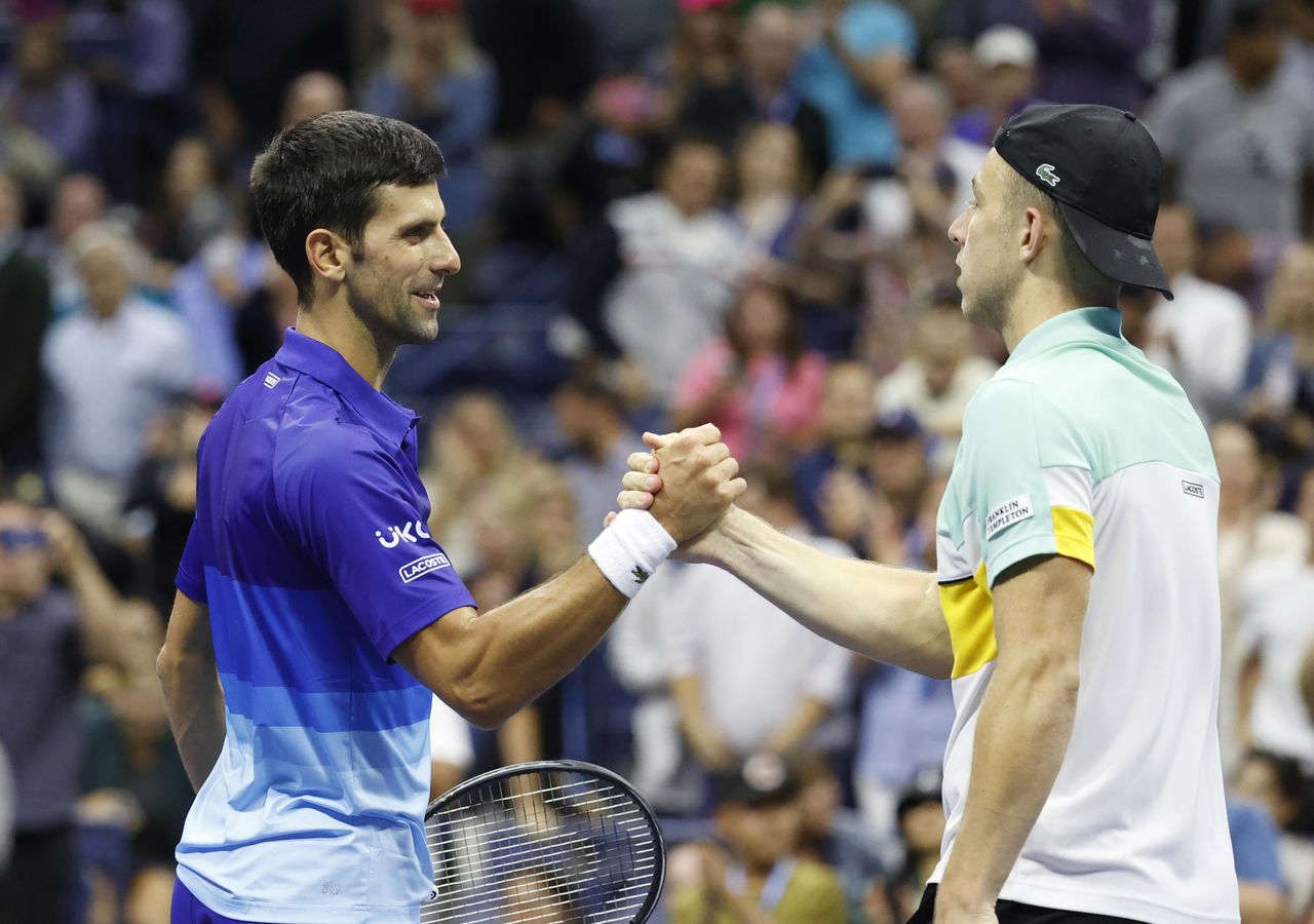 Sep 2, 2021; Flushing, NY, USA; Novak Djokovic of Serbia, left, shakes hands with Tallon Griekspoor of Netherlands after a second round match on day four of the 2021 U.S. Open tennis tournament at USTA Billie Jean King National Tennis Center. Mandatory Credit: Jerry Lai-USA TODAY Sports