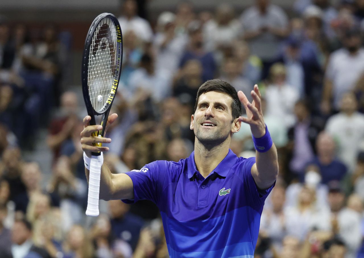 Sep 2, 2021; Flushing, NY, USA; Novak Djokovic of Serbia celebrates after recording match point against Tallon Griekspoor of Netherlands in a second round match on day four of the 2021 U.S. Open tennis tournament at USTA Billie Jean King National Tennis Center. Mandatory Credit: Jerry Lai-USA TODAY Sports