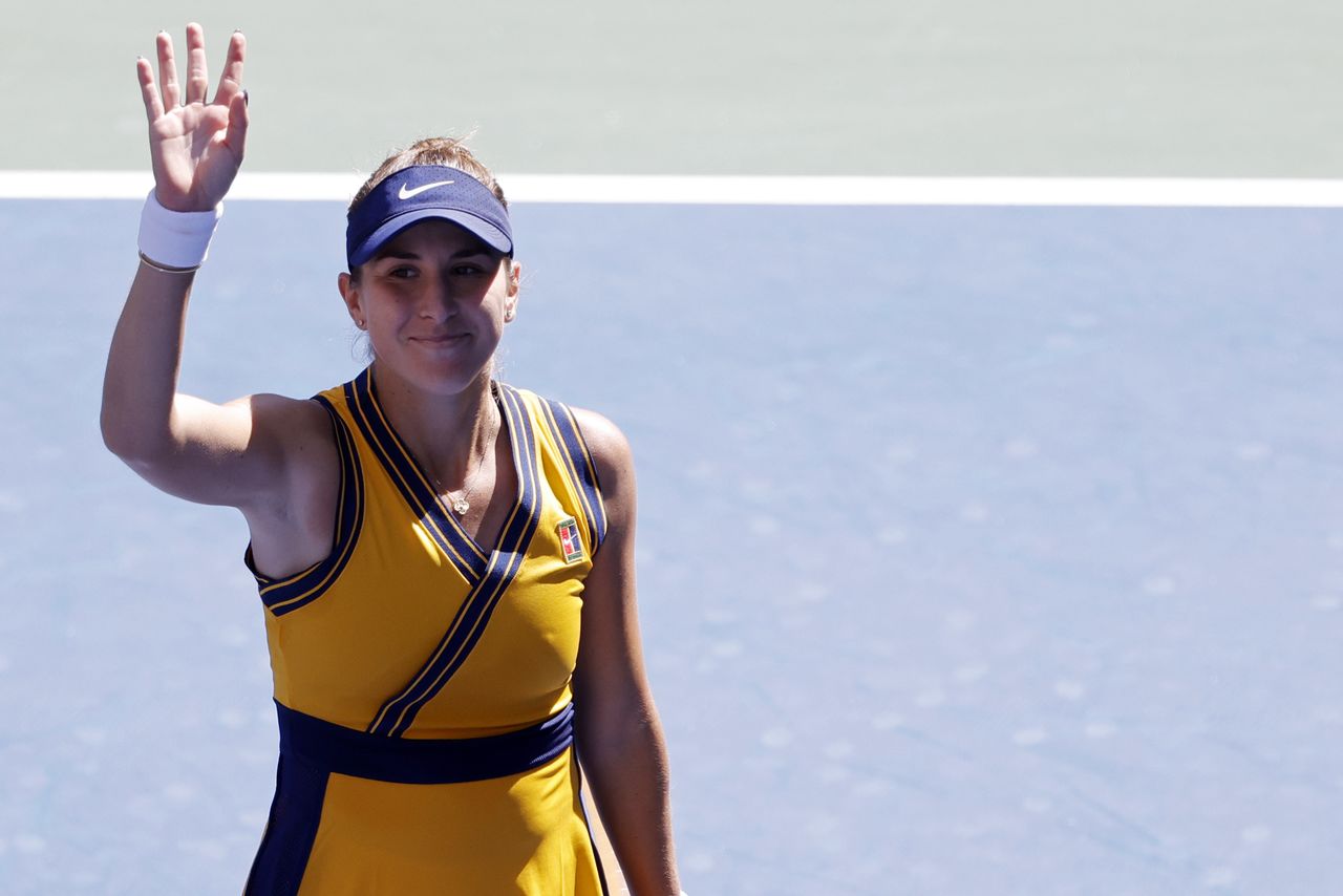 Sep 4, 2021; Flushing, NY, USA; Belinda Bencic of Switzerland waves to the crowd after her match against Jessica Pegula of the United States (not pictured) on day six of the 2021 U.S. Open tennis tournament at USTA Billie Jean King National Tennis Center. Mandatory Credit: Geoff Burke-USA TODAY Sports