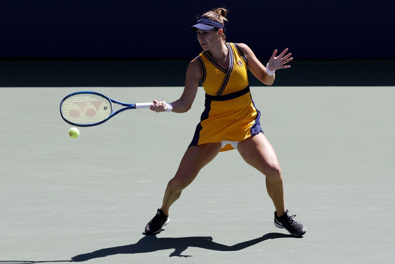 Sep 4, 2021; Flushing, NY, USA; Belinda Bencic of Switzerland hits a forehand against Jessica Pegula of the United States (not pictured) on day six of the 2021 U.S. Open tennis tournament at USTA Billie Jean King National Tennis Center. Mandatory Credit: Geoff Burke-USA TODAY Sports