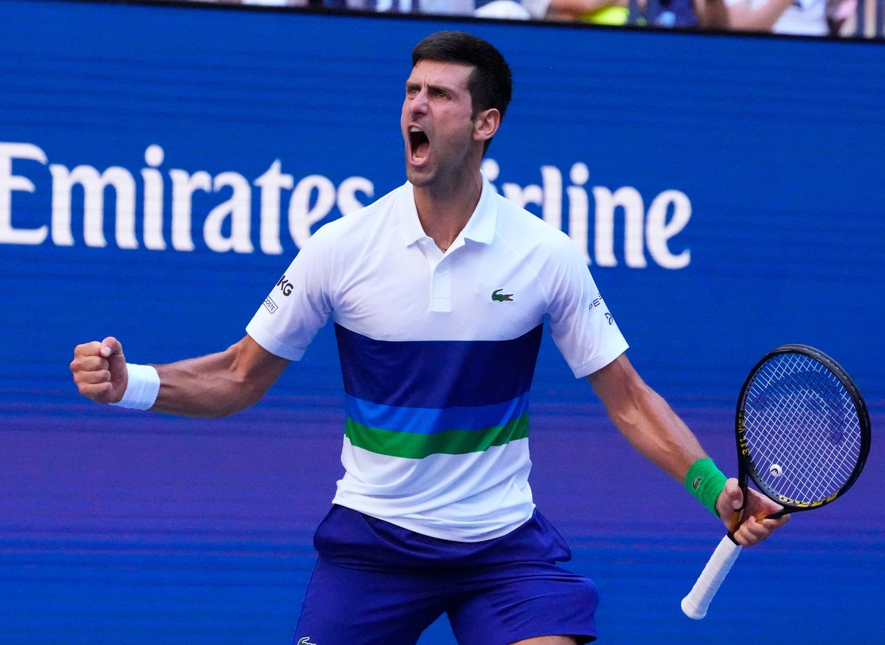 Sep 4, 2021; Flushing, NY, USA; Novak Djokovic of Serbia reacts to the crowd after winning the 3rd set against Kei Nishikori of Japan on day six of the 2021 U.S. Open tennis tournament at USTA Billie Jean King National Tennis Center. Mandatory Credit: Robert Deutsch-USA TODAY Sports