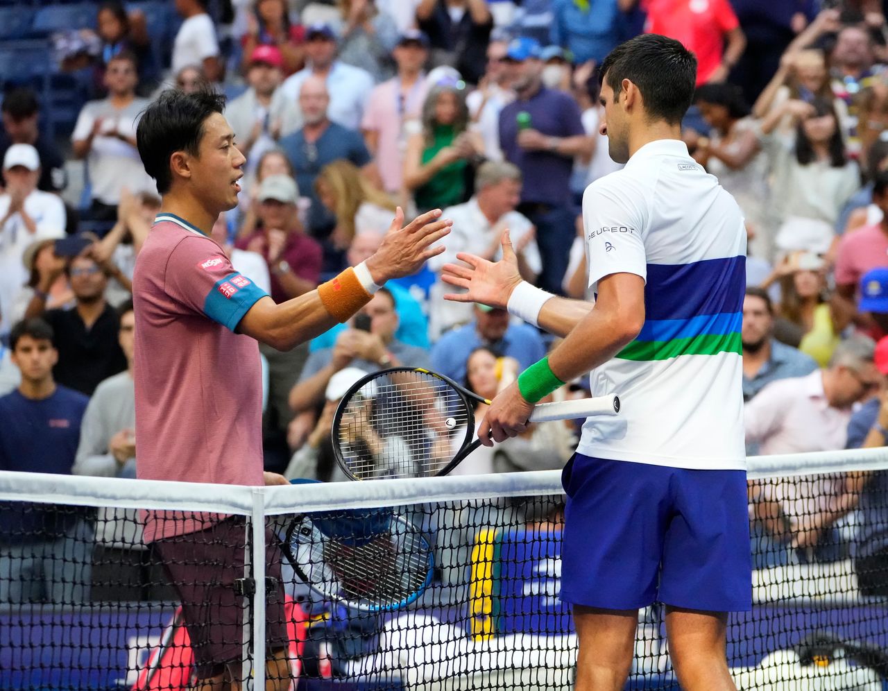 Sep 4, 2021; Flushing, NY, USA; Novak Djokovic of Serbia at the net after beating Kei Nishikori of Japan on day six of the 2021 U.S. Open tennis tournament at USTA Billie Jean King National Tennis Center. Mandatory Credit: Robert Deutsch-USA TODAY Sports